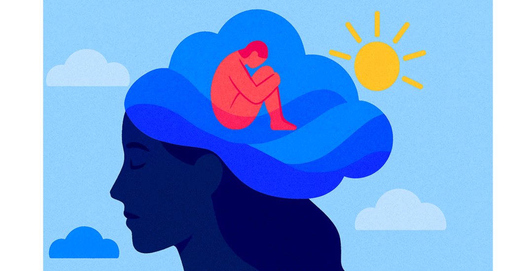 A stylized digital illustration of a woman in profile with her eyes closed, her dark blue hair forming a cloud above her head. Inside the cloud, a red figure sits curled up, surrounded by layered shades of blue and a bright yellow sun in the background—symbolizing emotional burden and hope within the mental health journey during cancer.