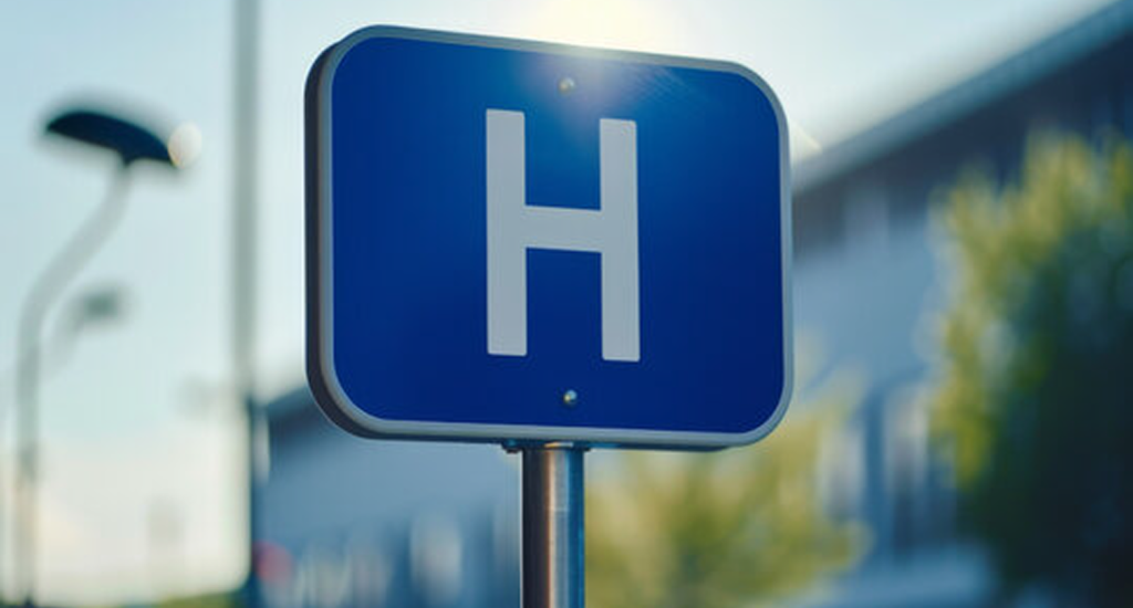 Hospital sign with a bold white 'H', on a pole, with a blurred background of a parking lot and buildings.
